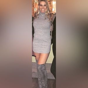 Grey Ribbed Turtleneck Dress with Open Back